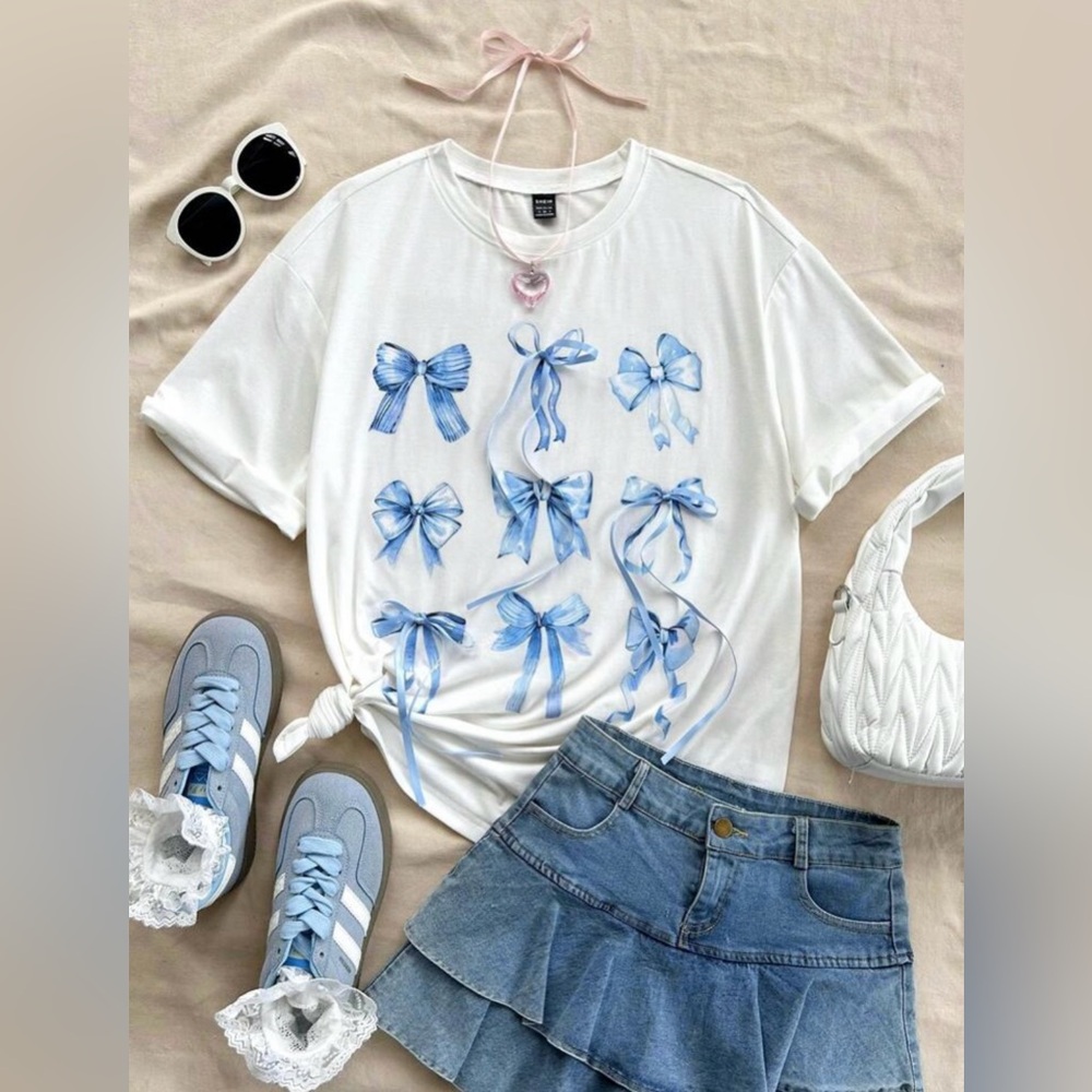 White T-Shirt with Blue Bow Designs